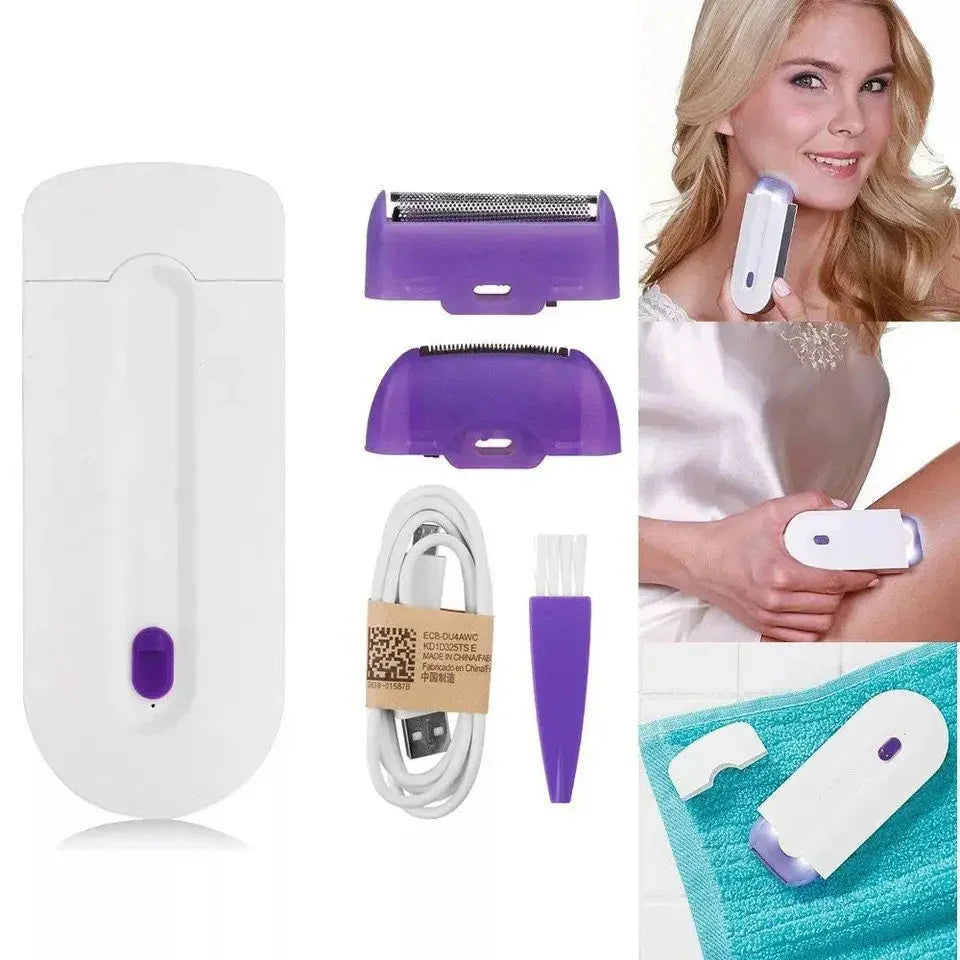 White and purple rechargeable facial epilator with attachments, USB cable, and cleaning brush for smooth skin care