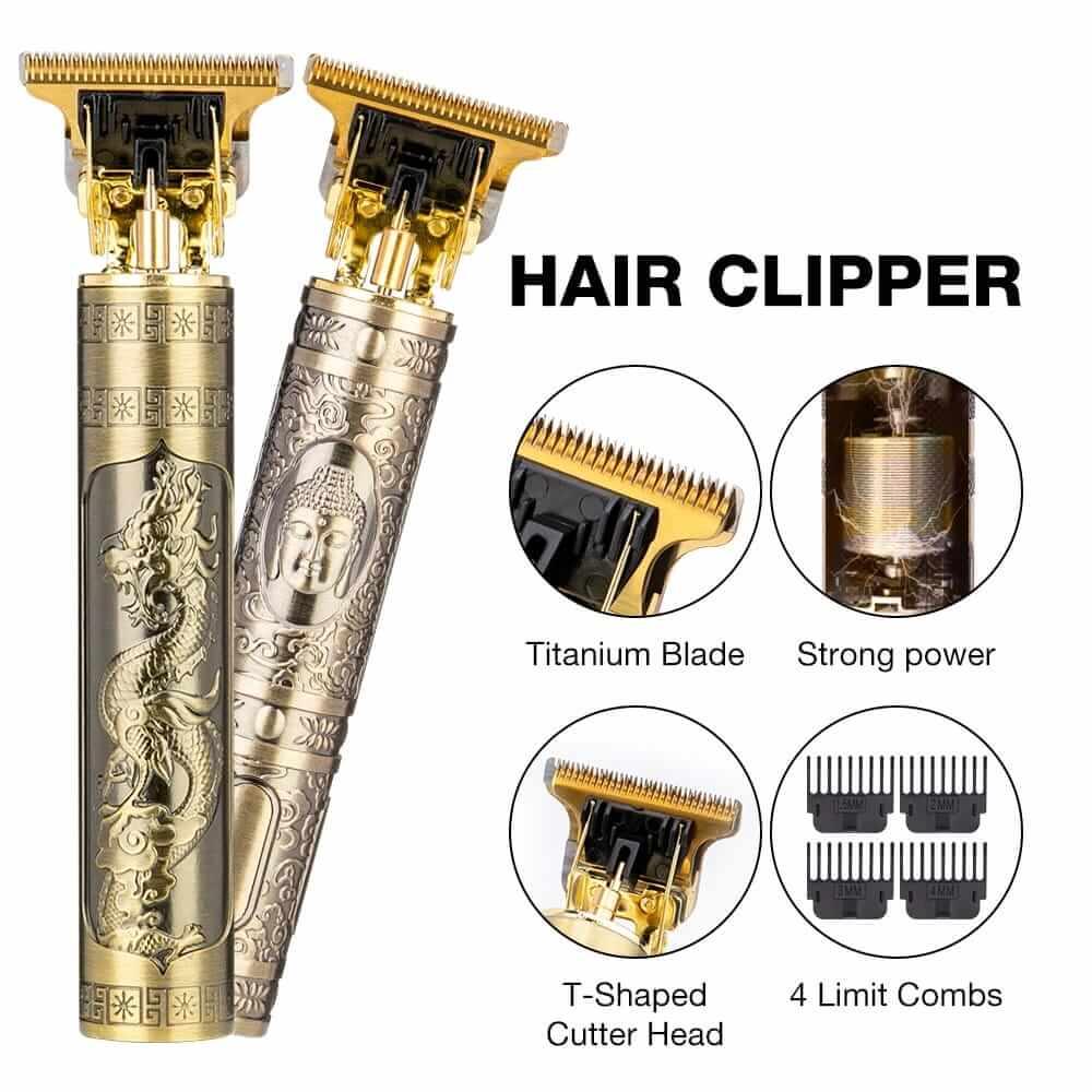 Gold hair clipper with dragon and Buddha design, titanium blade, T-shaped cutter, 4 limit combs