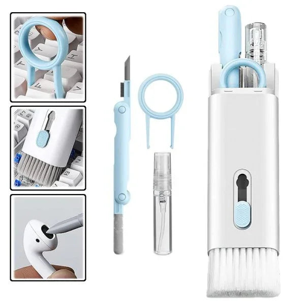 Portable electronics cleaning kit with brush, pick, and spray for keyboards, earbuds, gadgets