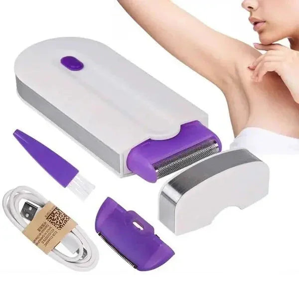 Purple and white electric epilator with attachments for smooth skin care at home