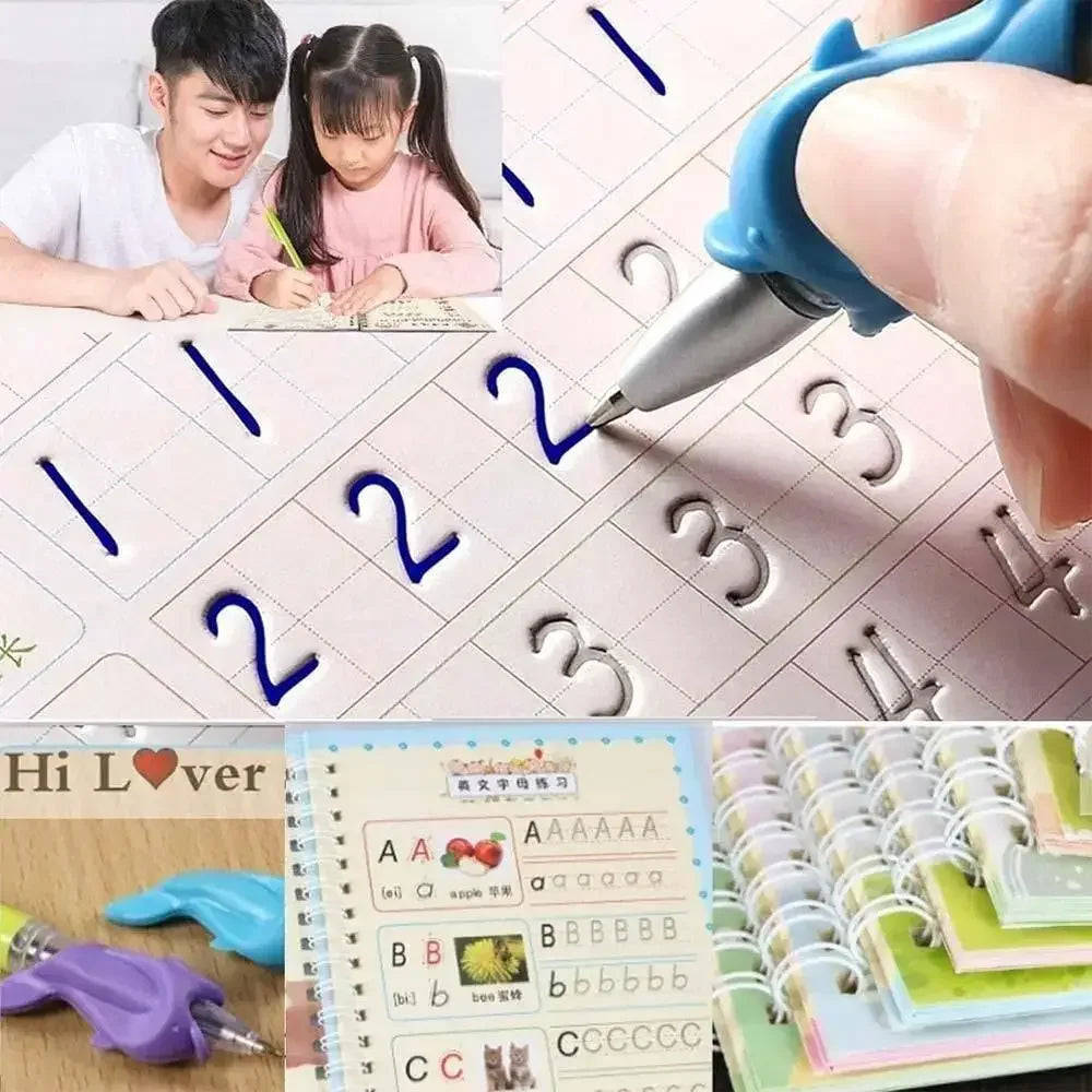 Kids tracing numbers and letters with grip pens, learning workbook for early education