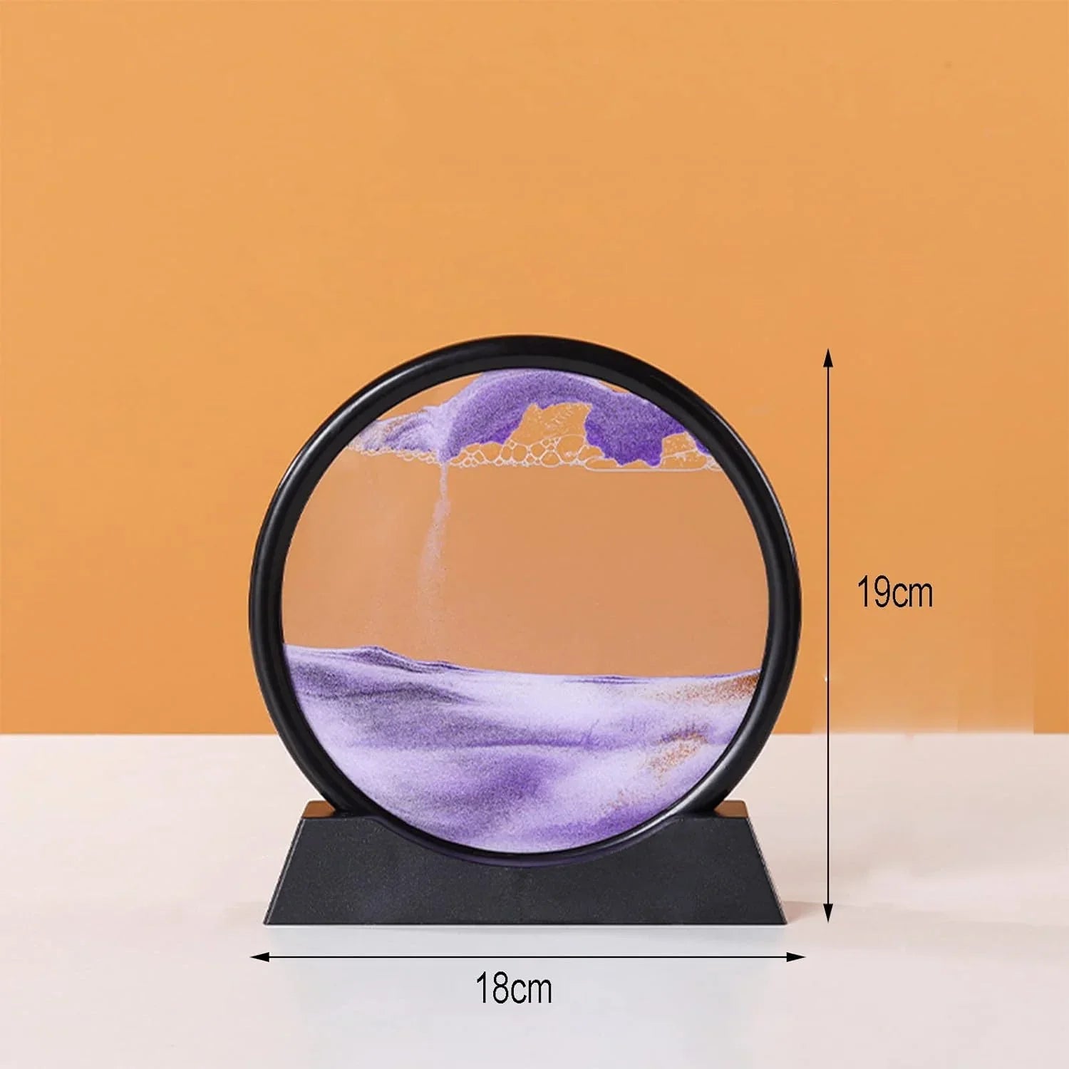Purple sand art desk decor in circular frame, 19cm tall, modern home gadget for office or living room