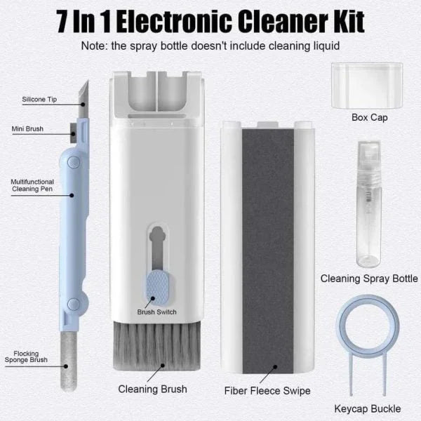 7-in-1 electronic cleaner kit with mini brush, spray bottle, fiber fleece swipe, and keycap buckle for gadgets