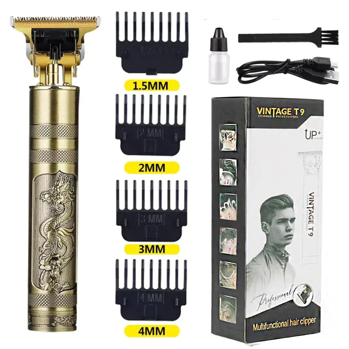 Gold dragon-design hair clipper with 1.5mm-4mm guards, oil, brush, USB cable, and Vintage T9 packaging