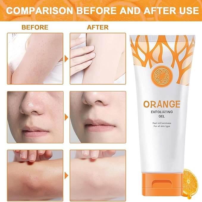 Orange exfoliating gel before and after skin results for all skin types