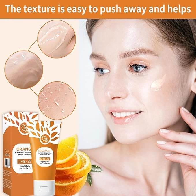 Orange whitening exfoliating gel for glowing skin, gentle texture, with fresh orange slices