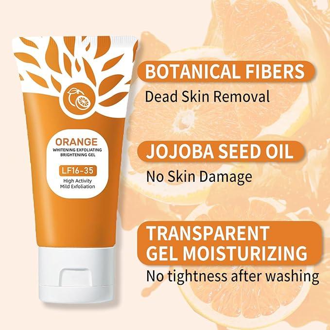 Orange whitening exfoliating gel with botanical fibers, jojoba oil, and moisturizing formula for gentle skin care