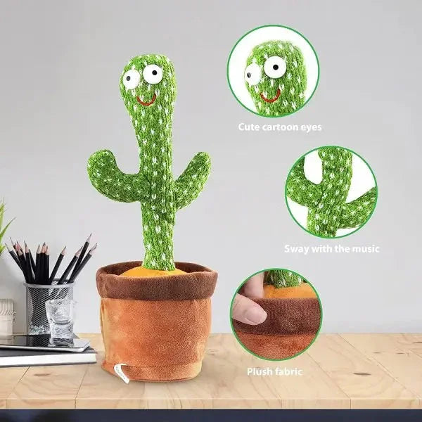 Cute dancing cactus plush toy with cartoon eyes, sways to music, soft fabric, perfect kids toy or desk decor