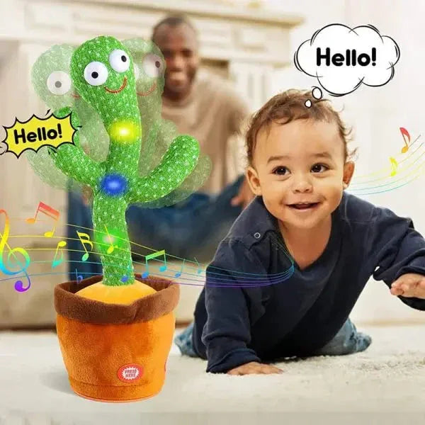 Smiling baby playing with interactive singing cactus toy, colorful lights and music for kids fun