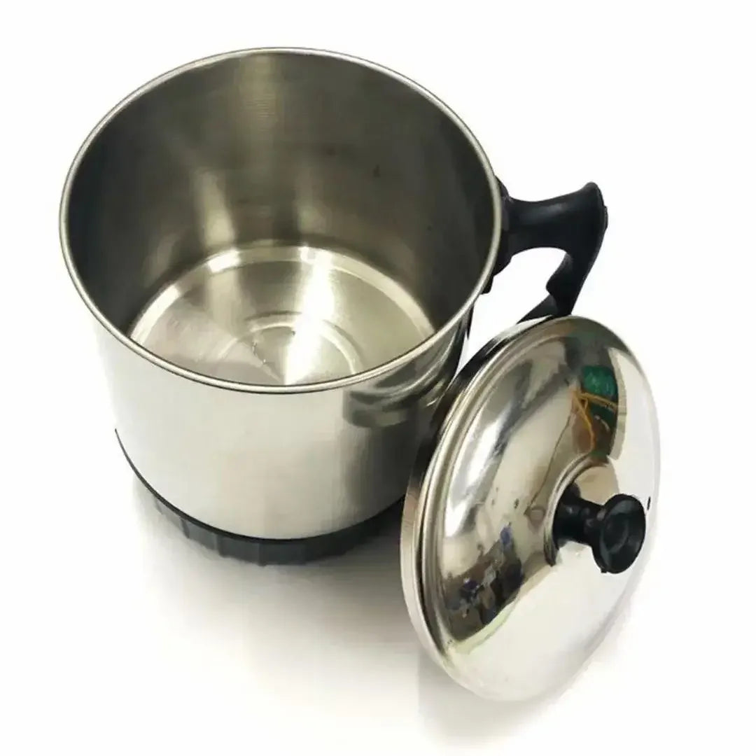 Stainless steel cooking pot with lid and black handle, ideal for kitchen use