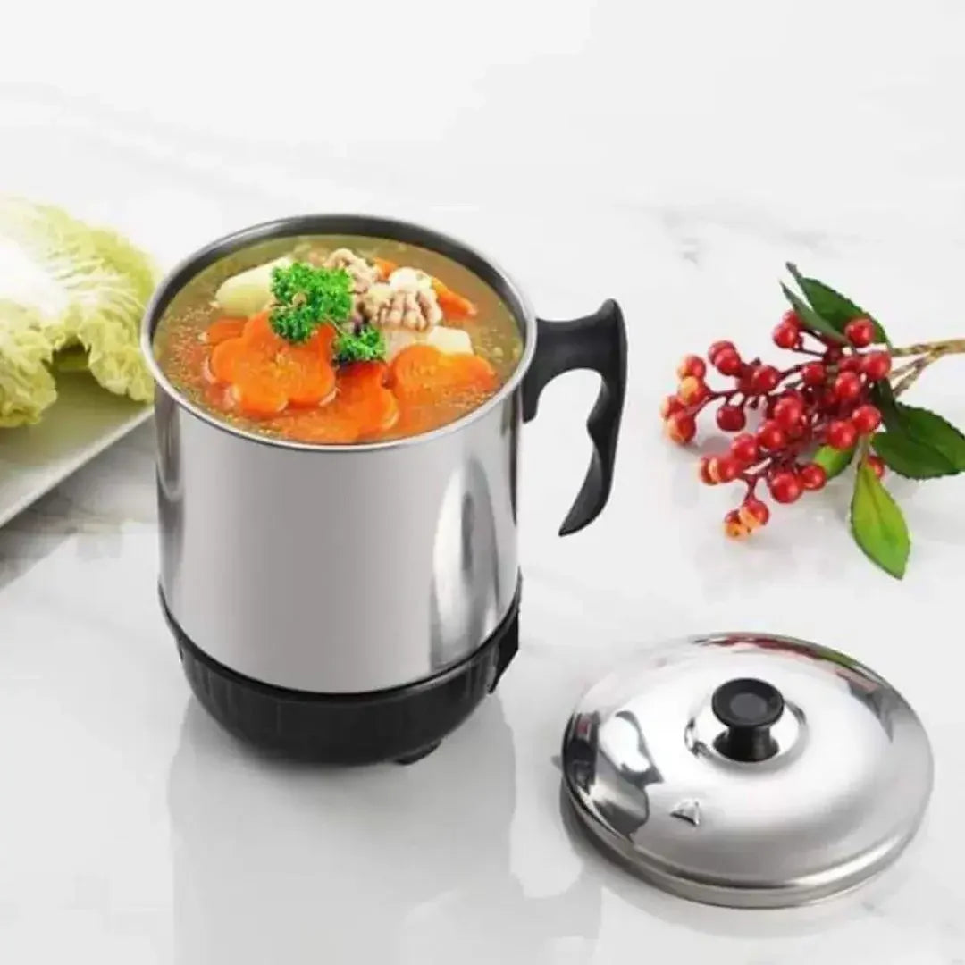 Stainless steel electric soup maker with carrot and vegetable broth, ideal for home cooking in Pakistan