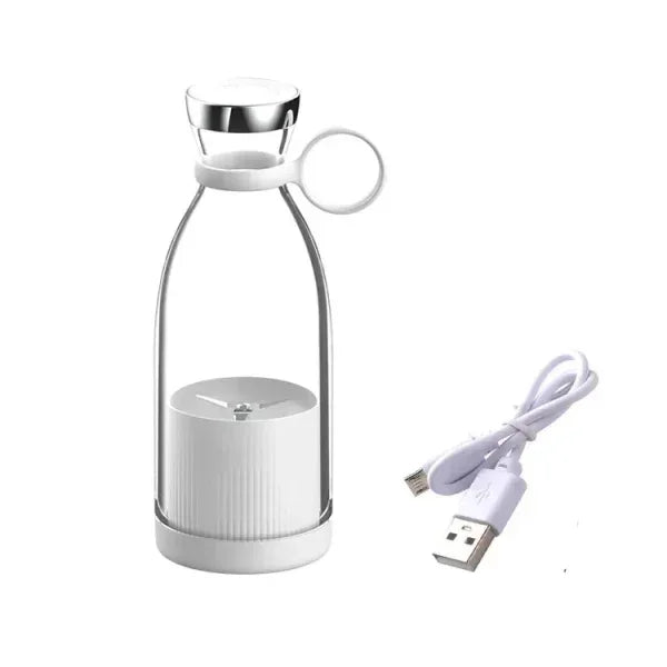 Portable USB rechargeable mini fan in sleek bottle design with charging cable