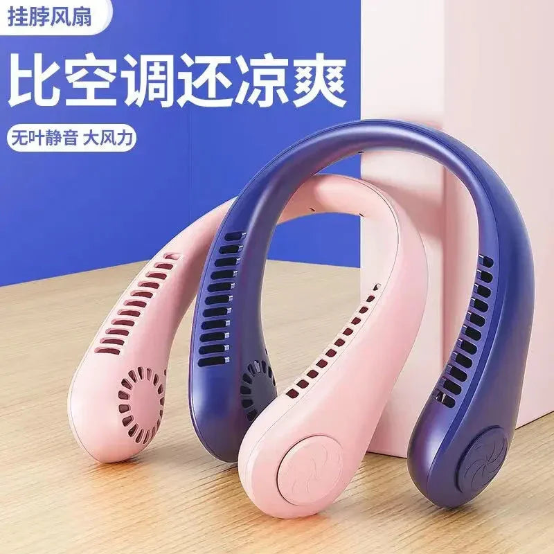 Portable neck fan in pink and blue, silent bladeless design for cool comfort, ideal for home or travel