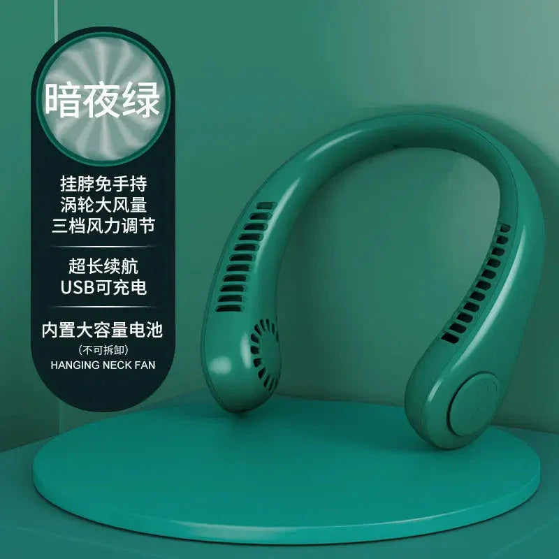 Dark green hanging neck fan with USB rechargeable battery, 3-speed wind, hands-free design for cooling