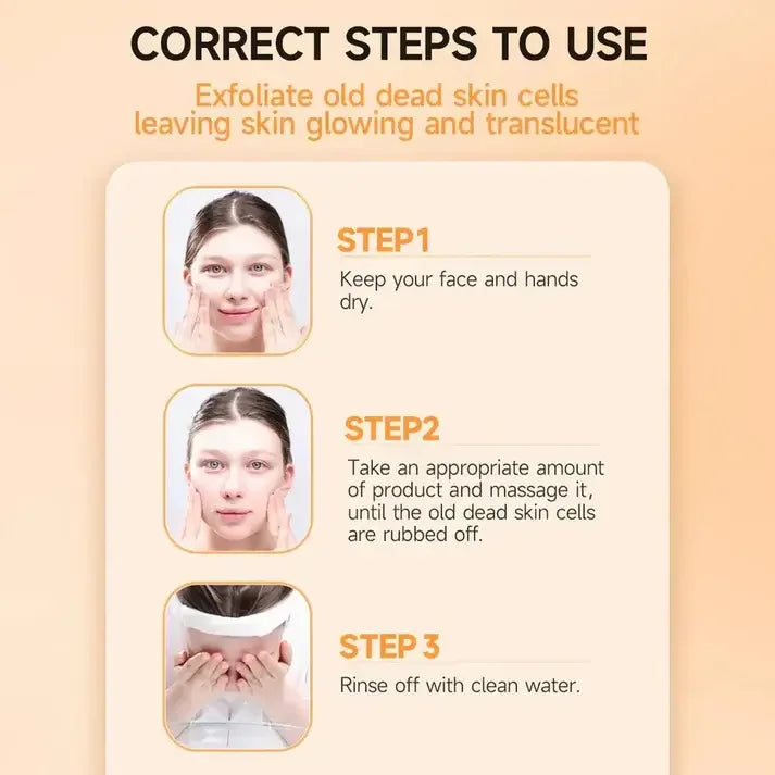 Skincare exfoliator usage guide: dry face, massage off dead skin, rinse with water for glowing skin
