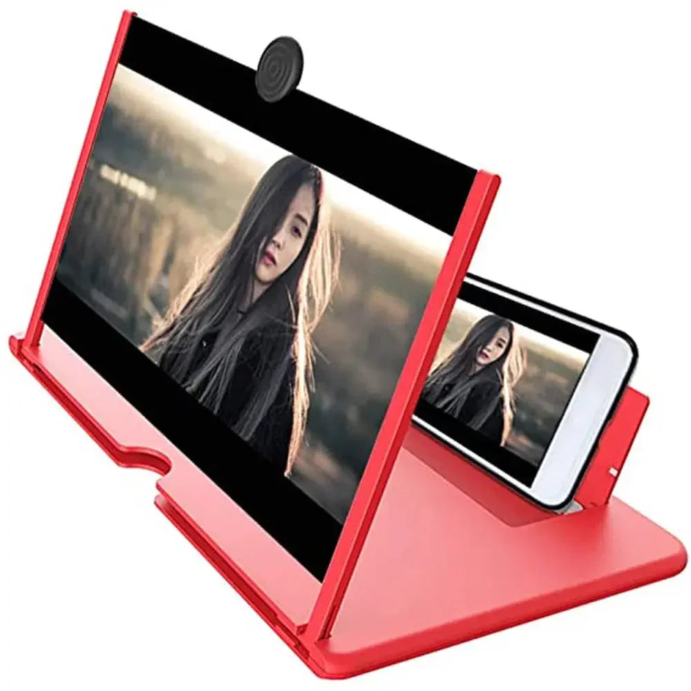 Red phone screen magnifier with stand, enlarges mobile display for easy viewing