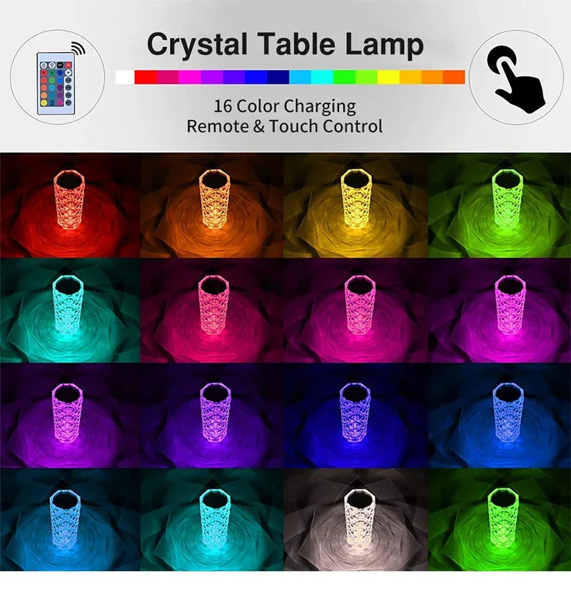 Crystal table lamp with 16 color changing LED lights, remote & touch control for home decor