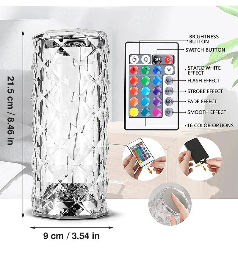 Crystal humidifier with 16 color LED lights, remote control, and mist output for home ambiance