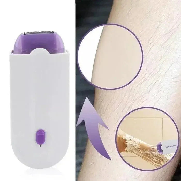 Purple and white electric epilator for smooth legs, removes hair gently, ideal for home use