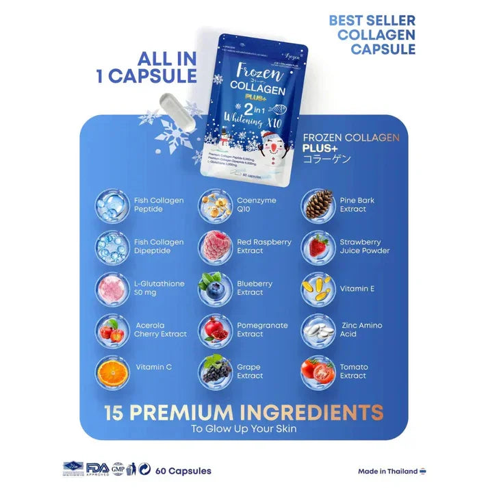 Frozen Collagen Plus+ 2-in-1 Whitening Capsule with 15 premium ingredients for glowing skin, 60 capsules