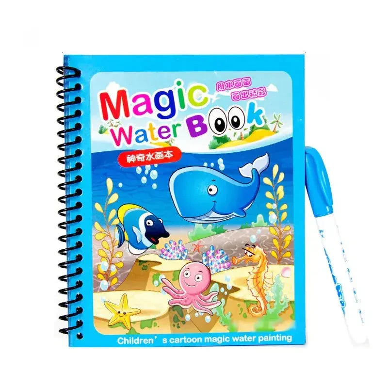 Children's magic water painting book with ocean animals and water pen for kids' fun learning activities