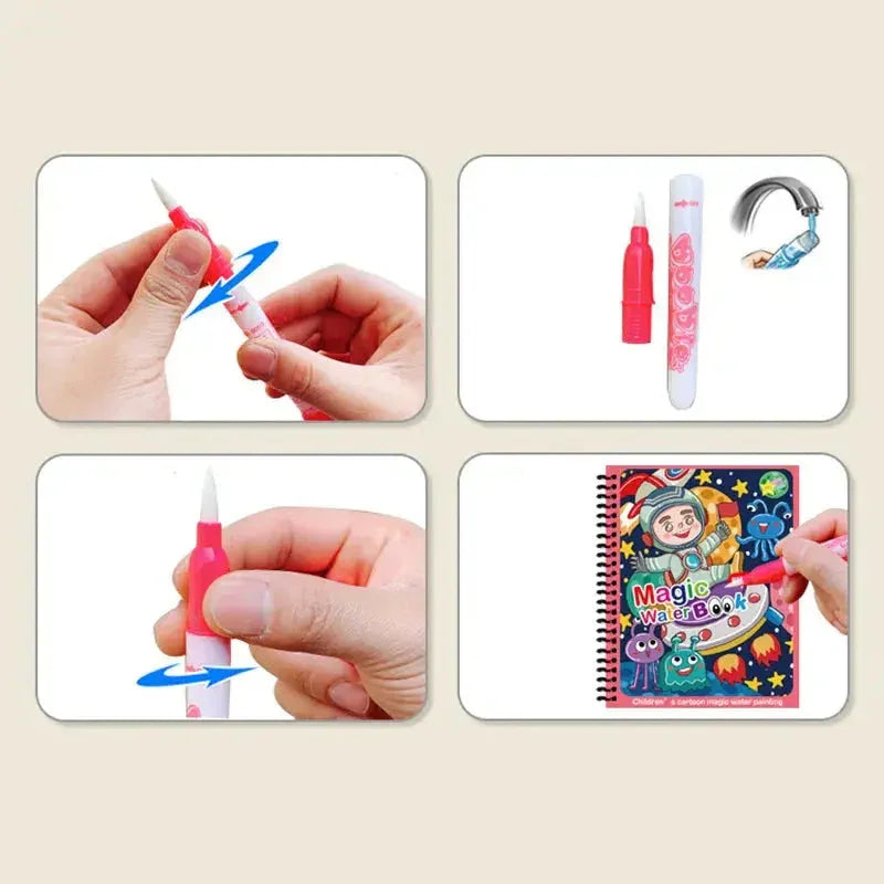 Magic water pen for kids, reusable drawing book with astronaut theme, safe educational toy for children