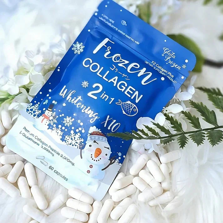 Frozen Collagen 2-in-1 Whitening X10 supplement with snowman design, 60 capsules, surrounded by white pills and flowers