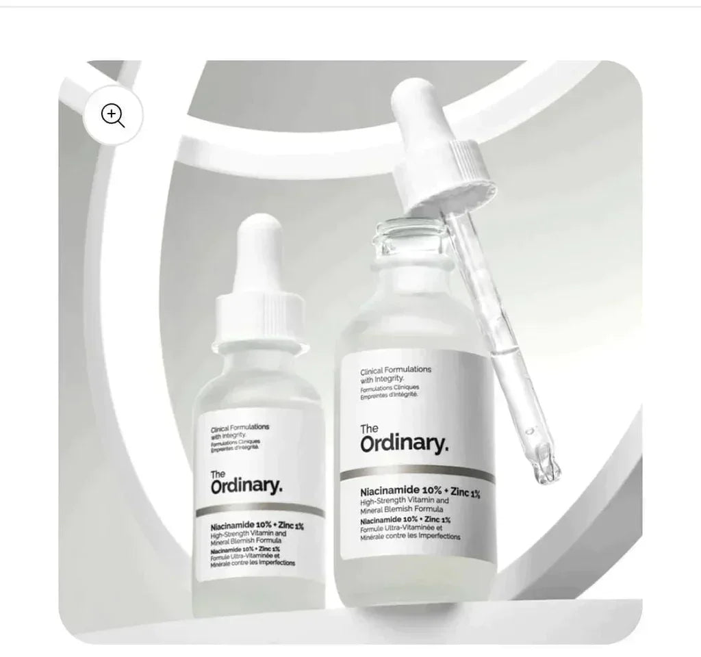 The Ordinary Niacinamide 10% + Zinc 1% serum bottles with droppers, clinical skincare formula for blemish control