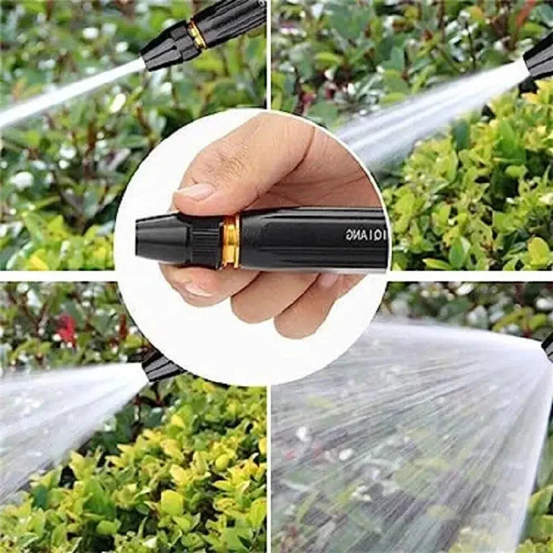 Black garden hose nozzle with adjustable spray settings for watering plants and lawns